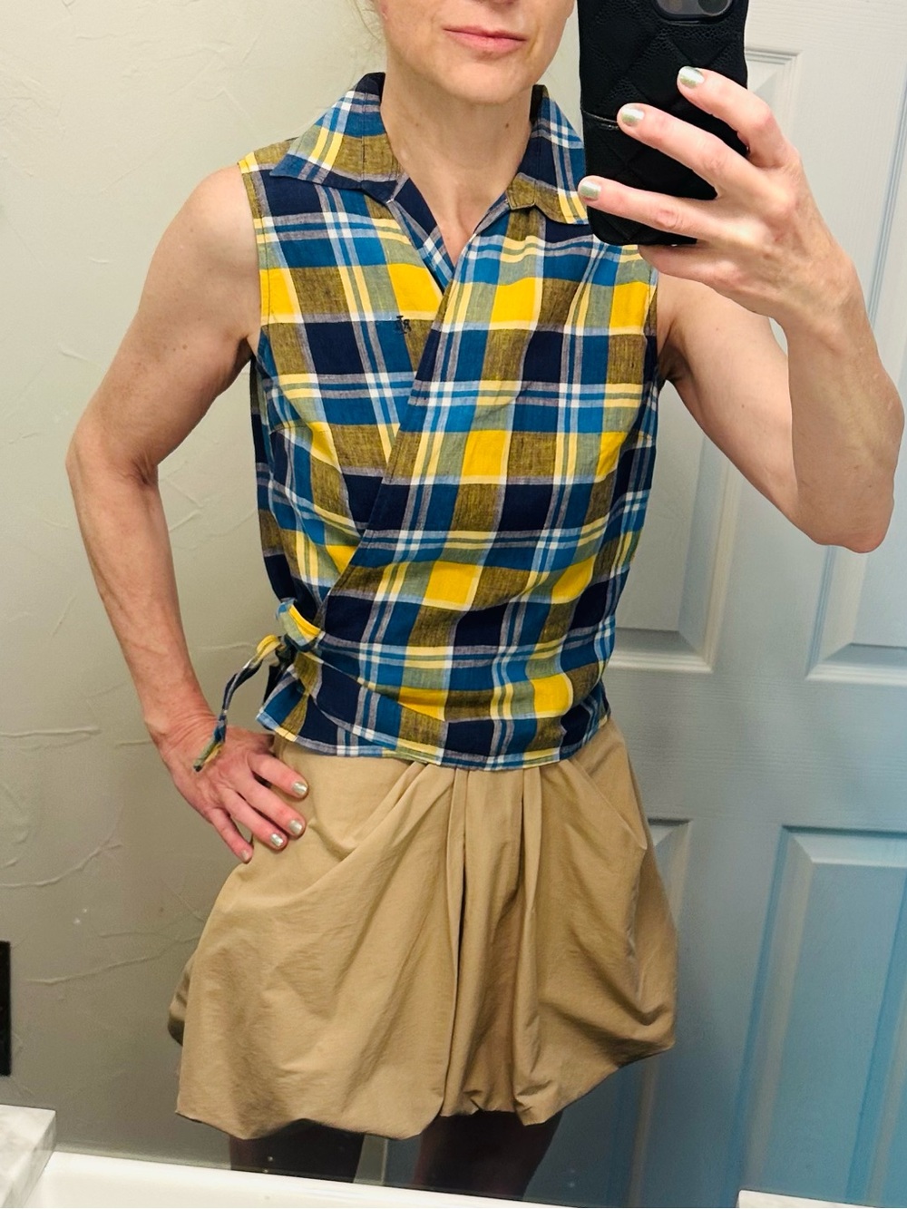 Ralph Lauren Blue and Yellow Linen Plaid Wrap Blouse S